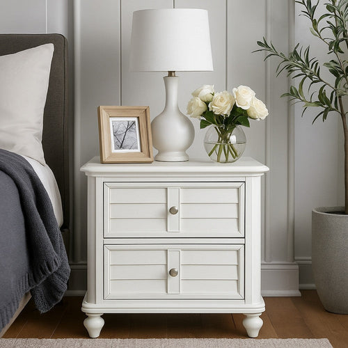Kyna Nightstand | 2 Drawers | Classic Antique White Solid Wood | 28"