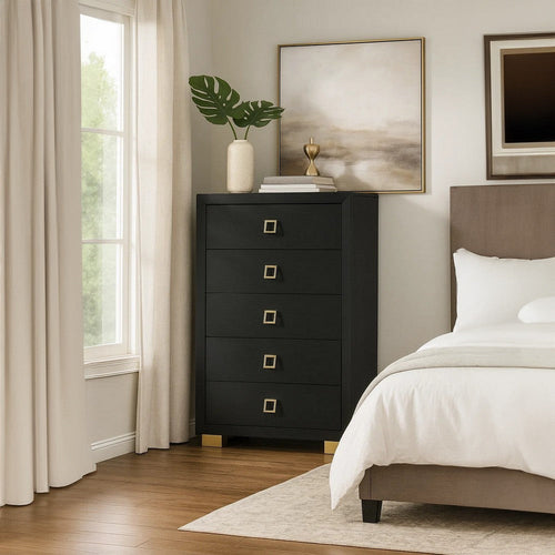 Lati Tall Dresser Chest | 5 Drawers | Modern Black Wood & Gold Metal