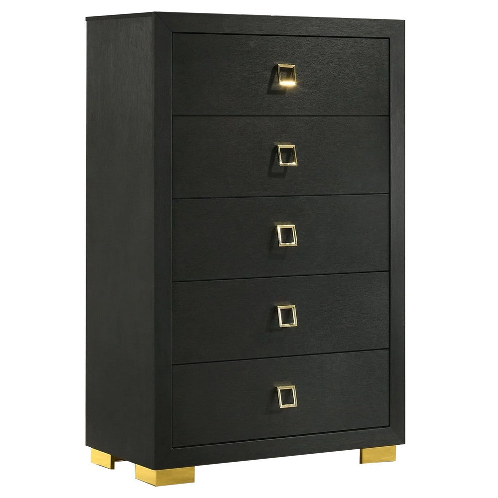 Lati Tall Dresser Chest | 5 Drawers | Modern Black Wood & Gold Metal BM340879