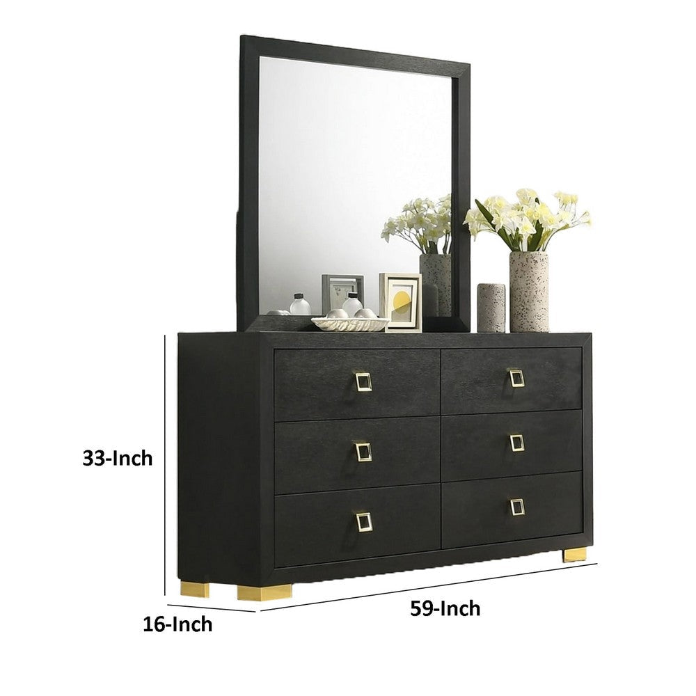 Lati Wide Dresser | 6 Drawers | Modern Black Wood & Gold Metal BM340880