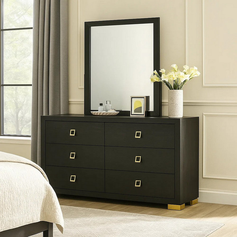 Lati Wide Dresser | 6 Drawers | Modern Black Wood & Gold Metal BM340880