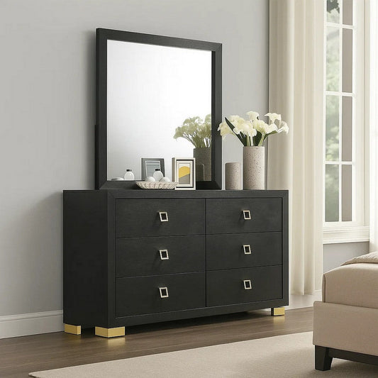 Lati Wide Dresser | 6 Drawers | Modern Black Wood & Gold Metal
