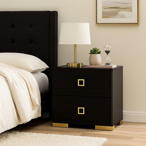 Lati Nightstand | 2 Drawers | Modern Black Wood & Gold Metal | 24"