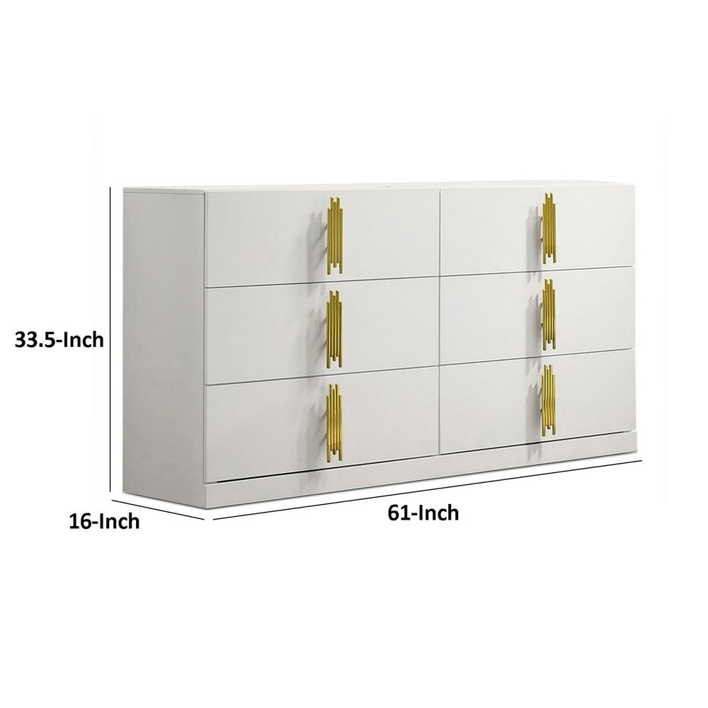 Dyl Wide Dresser | 6 Drawers | Modern White Wood with Gold Accents BM340883