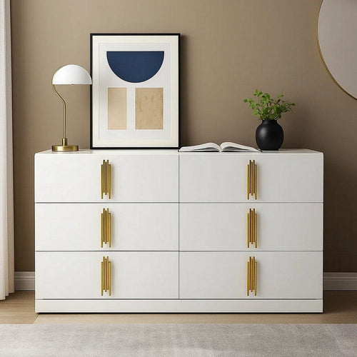 Dyl Wide Dresser | 6 Drawers | Modern White Wood with Gold Accents