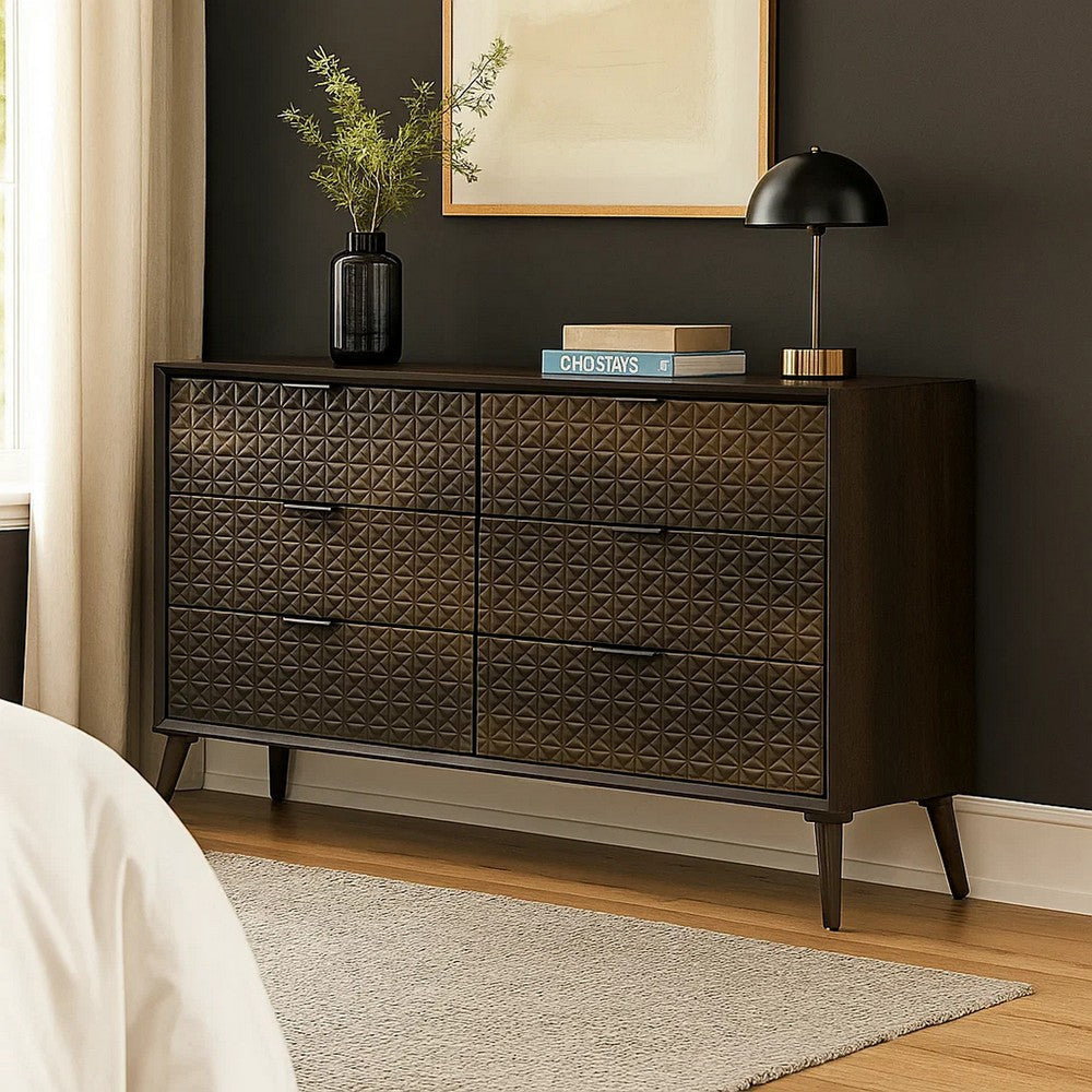 Fel Wide Dresser | 6 Drawers | Rustic Dark Brown Wood | Black BM340885