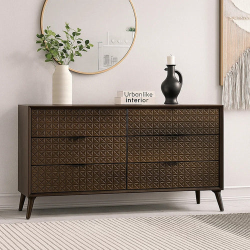 Fel Wide Dresser | 6 Drawers | Rustic Dark Brown Wood | Black