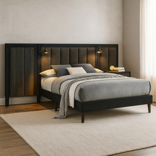 Fel Queen Size Bed | Rustic Dark Brown Wood Frame | Upholstered Headboard