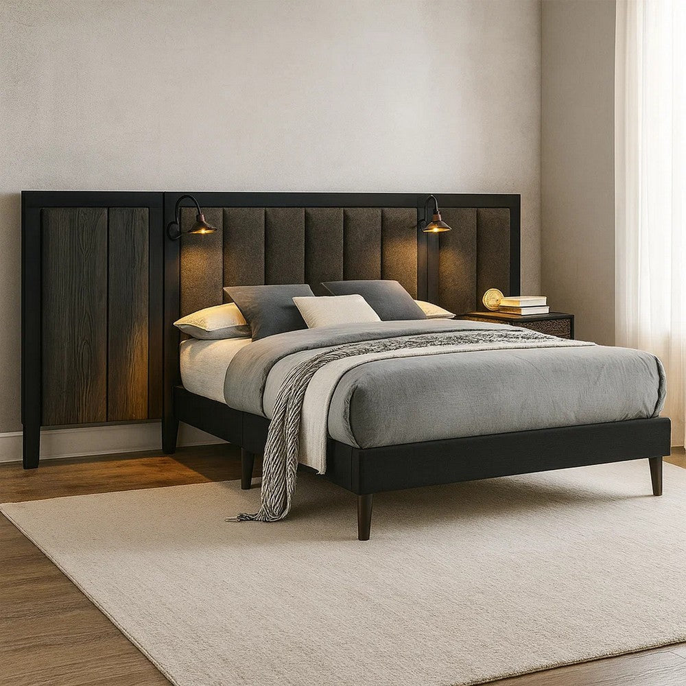 Fel Queen Size Bed | Rustic Dark Brown Wood Frame | Upholstered Headboard