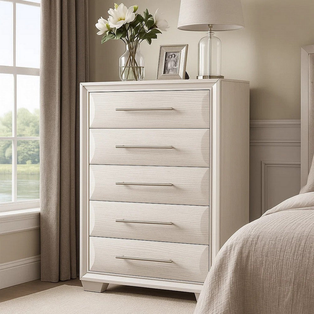 Nitz Tall Dresser Chest | 5 Drawers | White Solid Wood | Metal Handles
