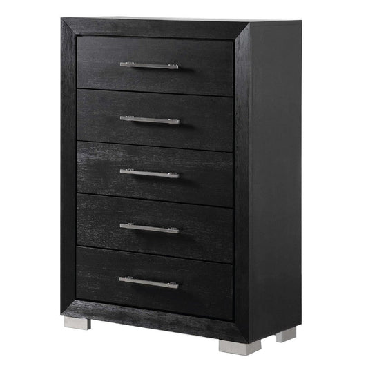 Ashen Tall Dresser Chest | 5 Drawers | Black Solid Wood | Chrome Metal