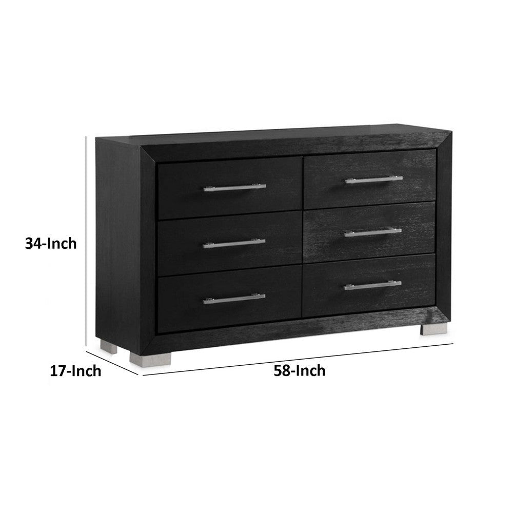 Ashen Wide Dresser | 6 Drawers | Black Solid Wood | Chrome Metal BM340897