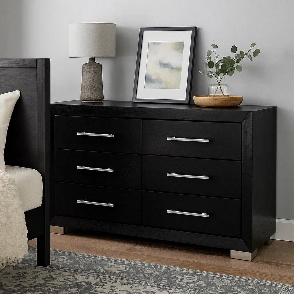 Ashen Wide Dresser | 6 Drawers | Black Solid Wood | Chrome Metal BM340897