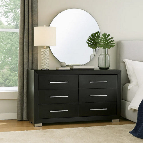 Ashen Wide Dresser | 6 Drawers | Black Solid Wood | Chrome Metal