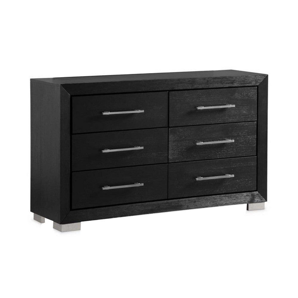 Ashen Wide Dresser | 6 Drawers | Black Solid Wood | Chrome Metal BM340897