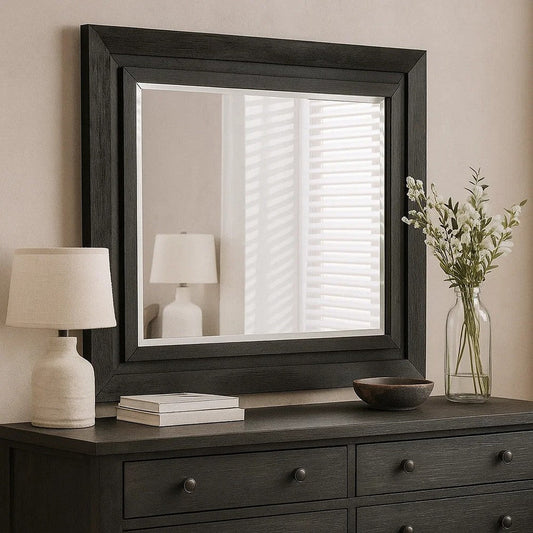 Ashen Dresser Mirror | Black Solid Wood | Rectangular Silhouette | 40x46 BM340898