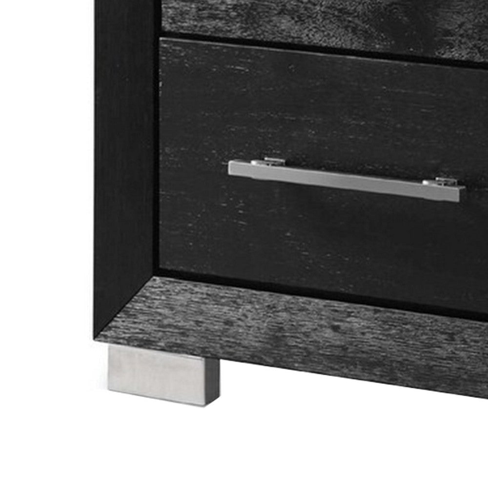 Ashen Nightstand w USB | 2 Drawers | Black Solid Wood | Chrome Metal | 26’’ BM340899