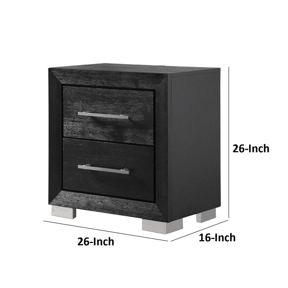 Ashen Nightstand w USB | 2 Drawers | Black Solid Wood | Chrome Metal | 26’’ BM340899
