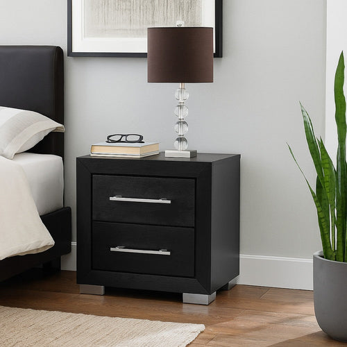 Ashen Nightstand w USB | 2 Drawers | Black Solid Wood | Chrome Metal | 26"