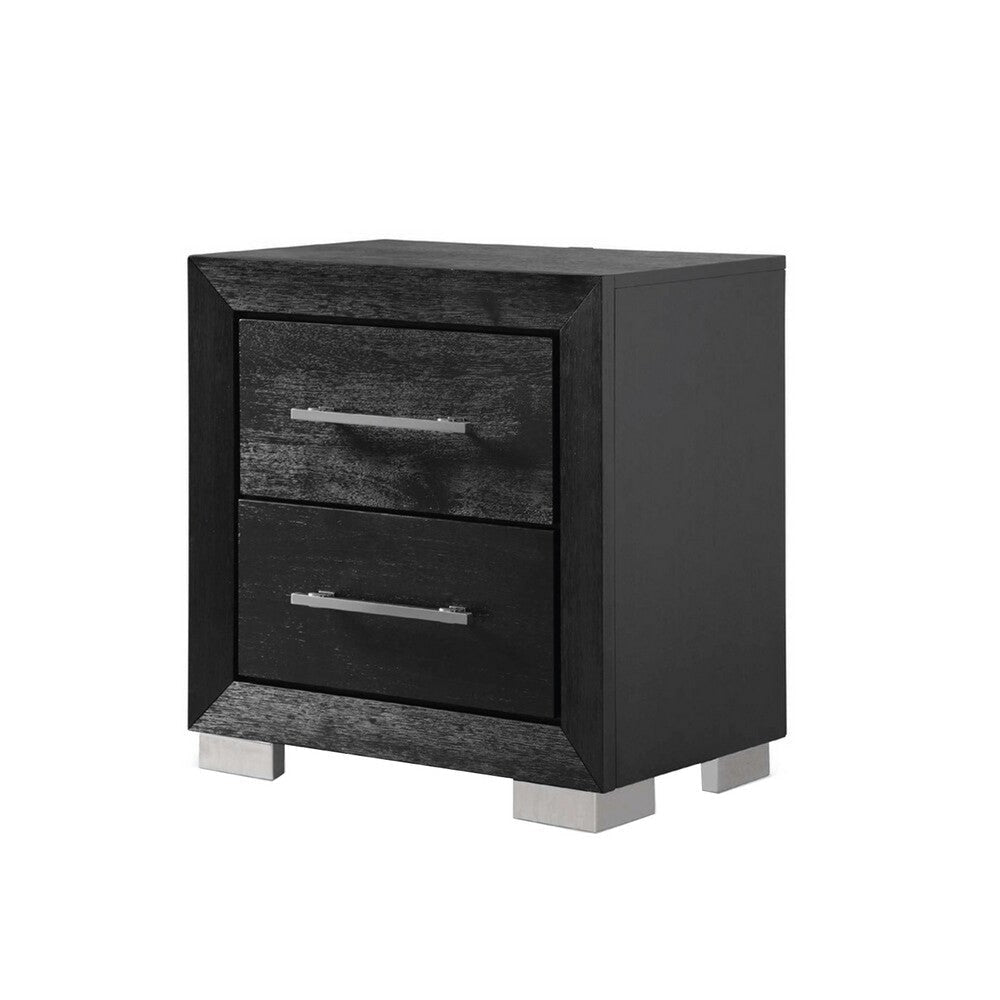 Ashen Nightstand w USB | 2 Drawers | Black Solid Wood | Chrome Metal | 26’’ BM340899