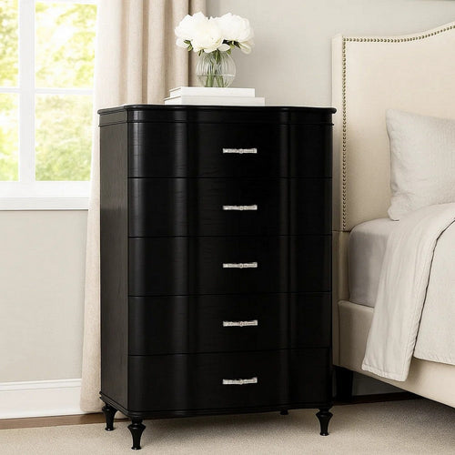 Eleena Tall Dresser Chest | 5 Drawers | Black Solid Wood | Crystal Accents