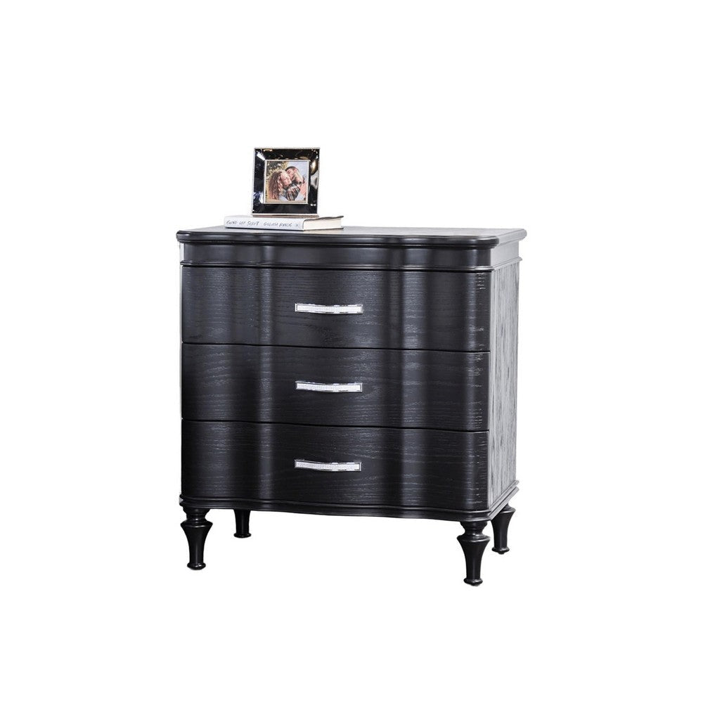 Eleena Nightstand | 3 Drawers | Black Solid Wood | Metal Handles | 28’’ BM340902