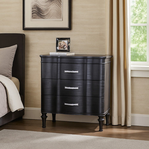 Eleena Nightstand | 3 Drawers | Black Solid Wood | Metal Handles | 28"