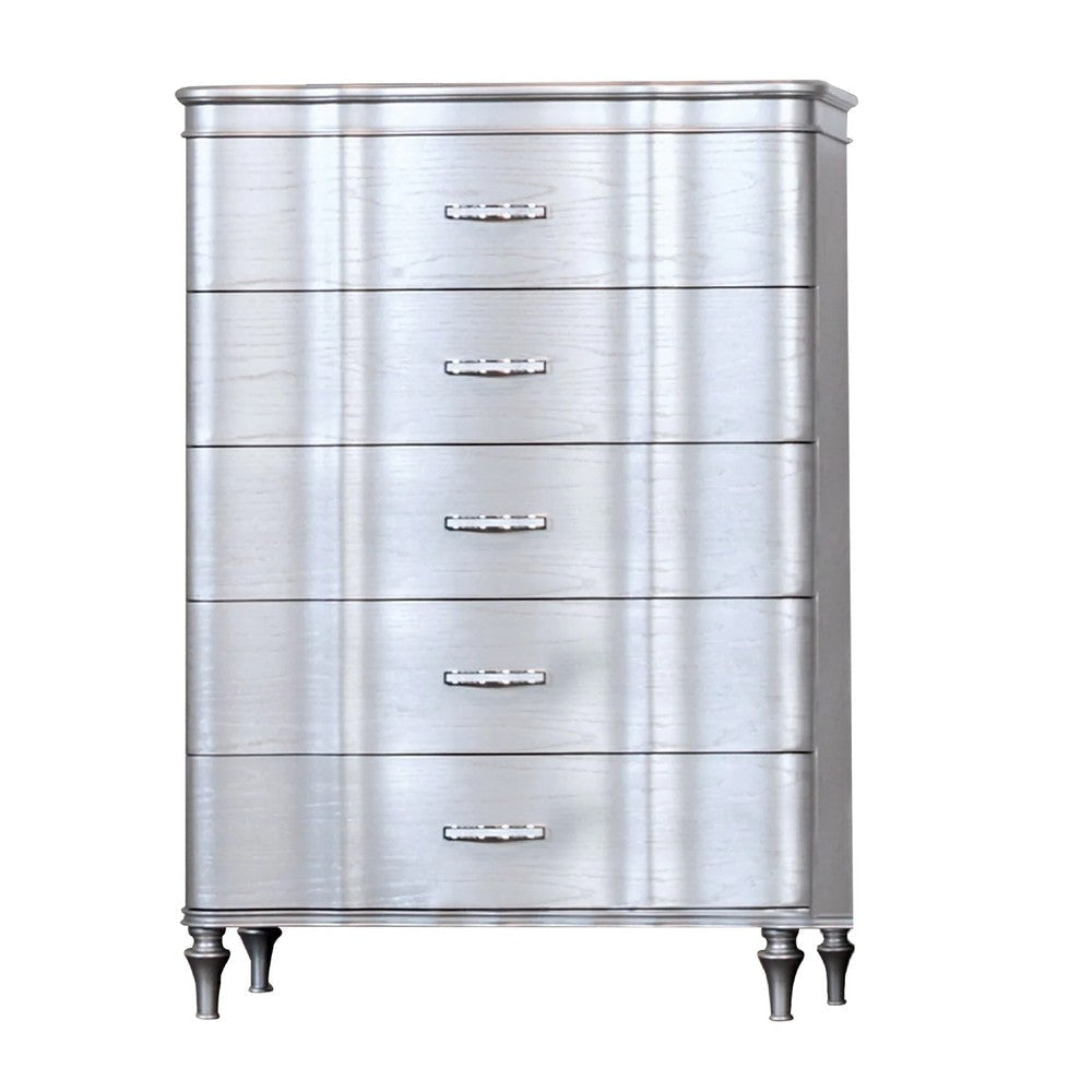Eleena Tall Dresser Chest | 5 Drawers | Silver Solid Wood | Chrome Metal BM340903