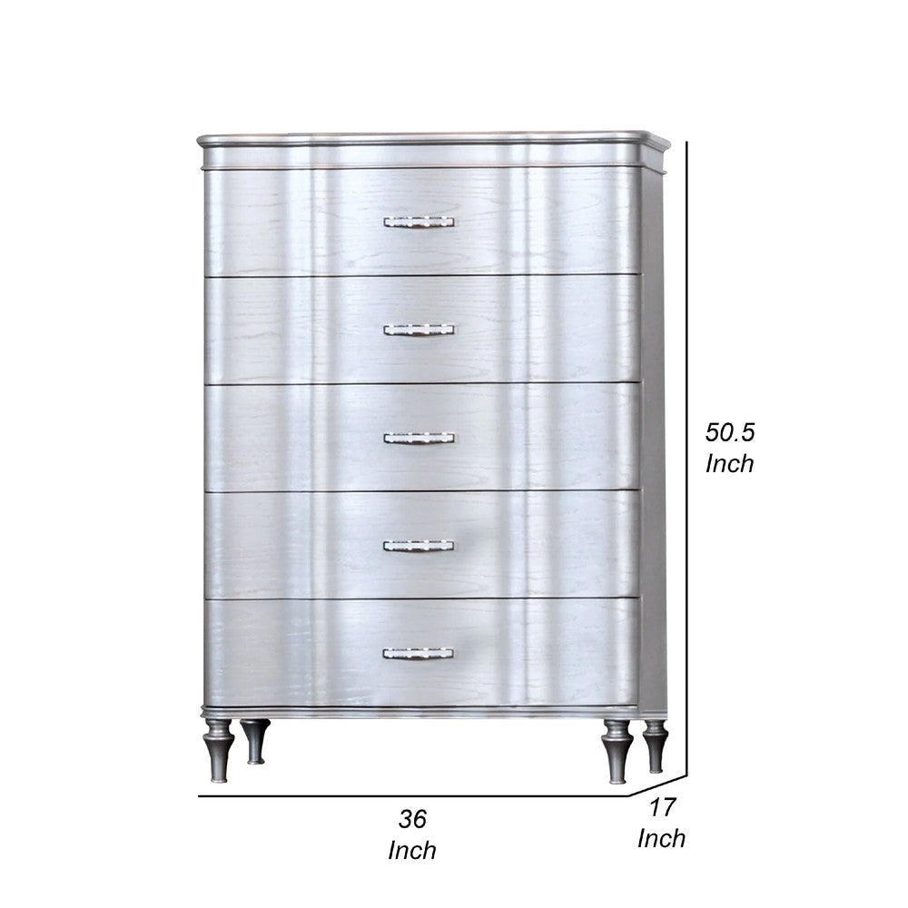 Eleena Tall Dresser Chest | 5 Drawers | Silver Solid Wood | Chrome Metal BM340903