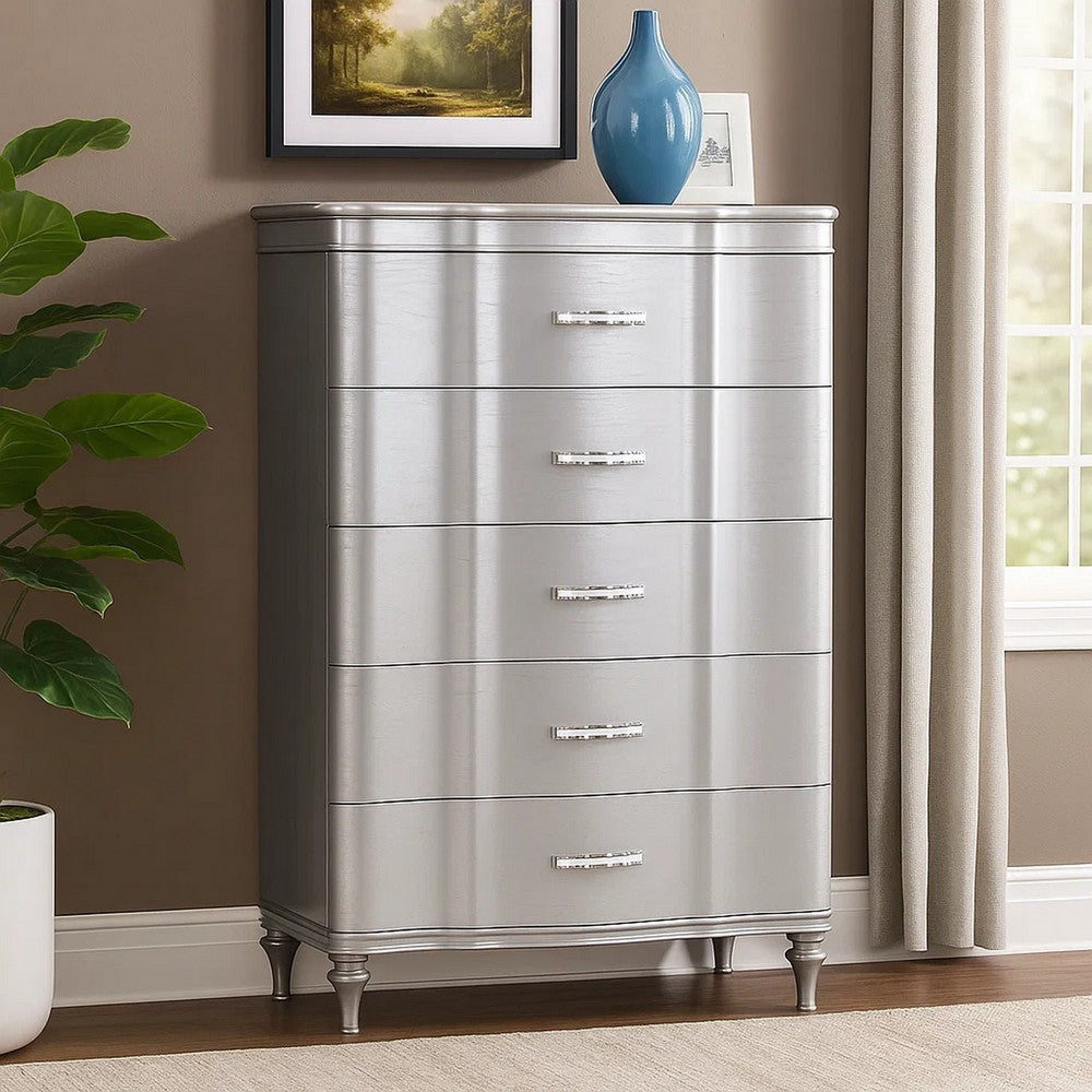Eleena Tall Dresser Chest | 5 Drawers | Silver Solid Wood | Chrome Metal BM340903