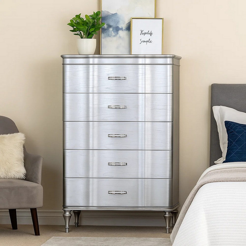 Eleena Tall Dresser Chest | 5 Drawers | Silver Solid Wood | Chrome Metal