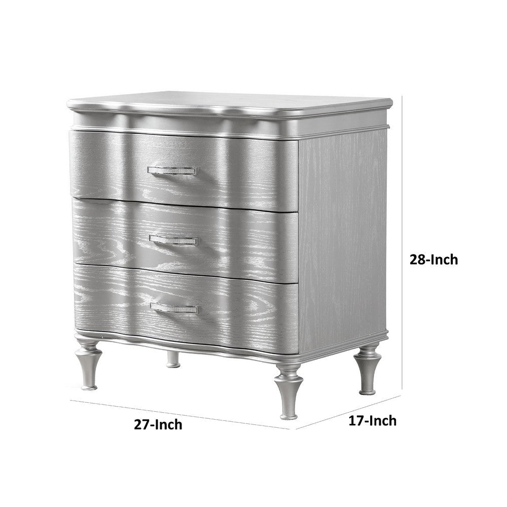 Eleena Nightstand | 3 Drawers | Silver Solid Wood | Metal Handles 28’’ BM340905