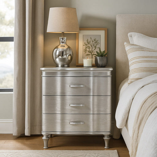 Eleena Nightstand | 3 Drawers | Silver Solid Wood | Metal Handles 28"