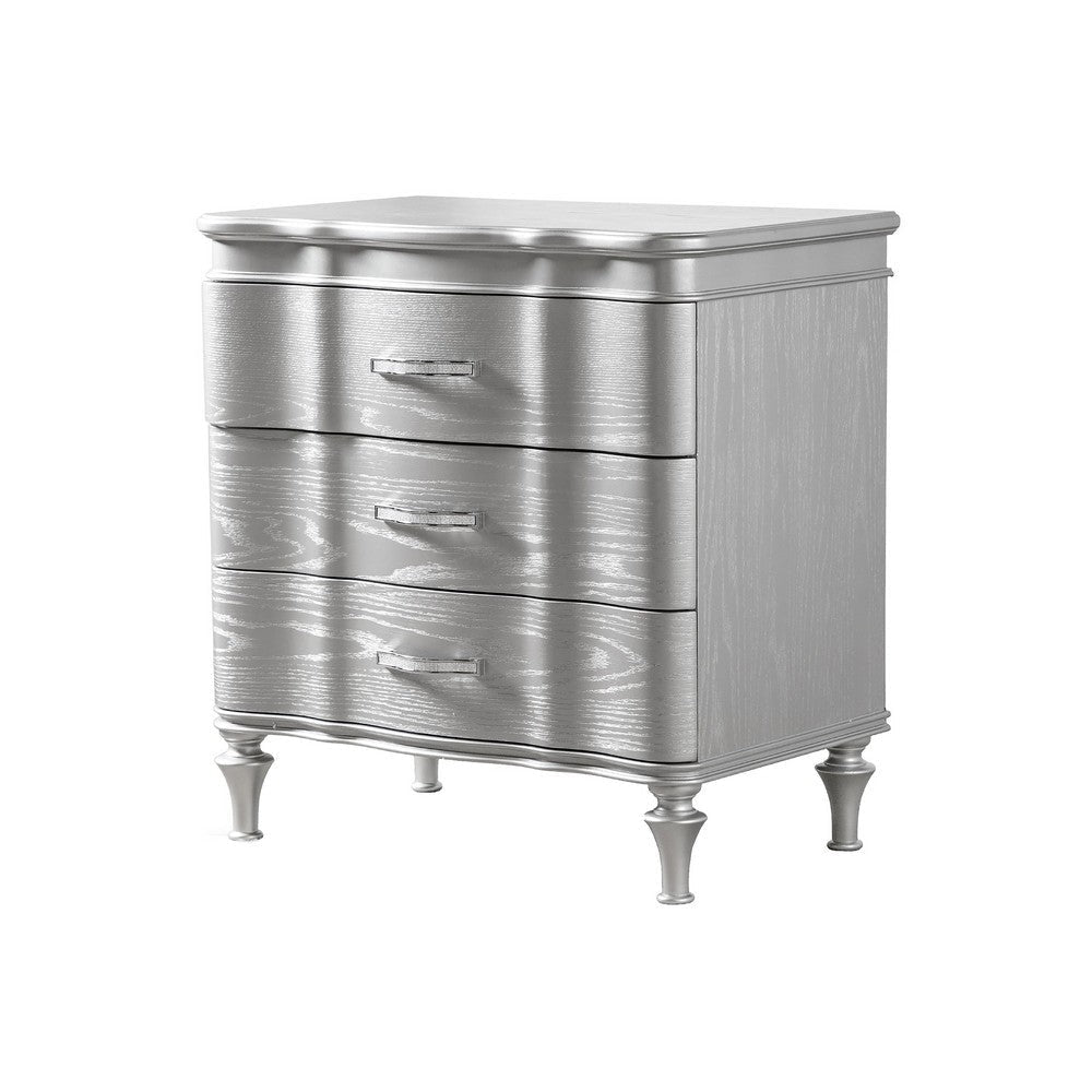 Eleena Nightstand | 3 Drawers | Silver Solid Wood | Metal Handles 28’’ BM340905