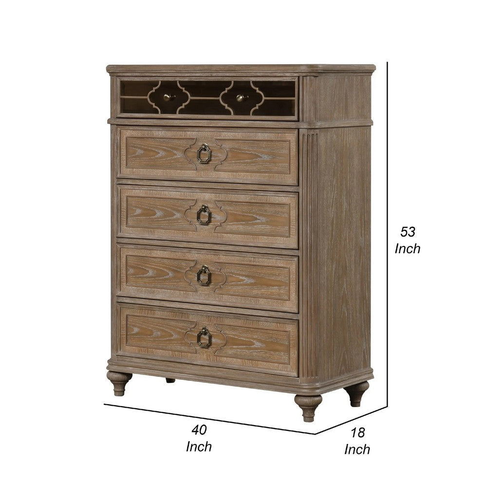 Lyla Tall Dresser Chest | 5 Drawers | Rustic Oak Brown Solid Wood Frame BM340906