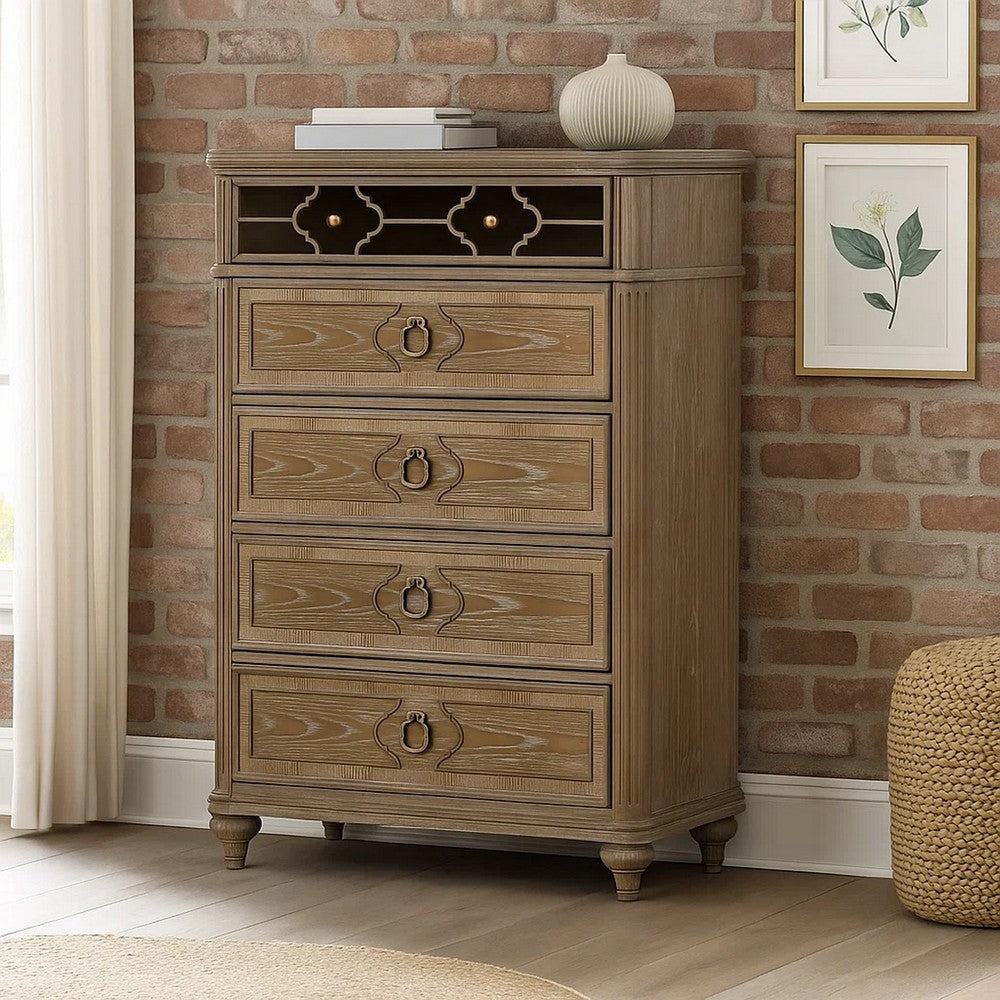 Lyla Tall Dresser Chest | 5 Drawers | Rustic Oak Brown Solid Wood Frame BM340906