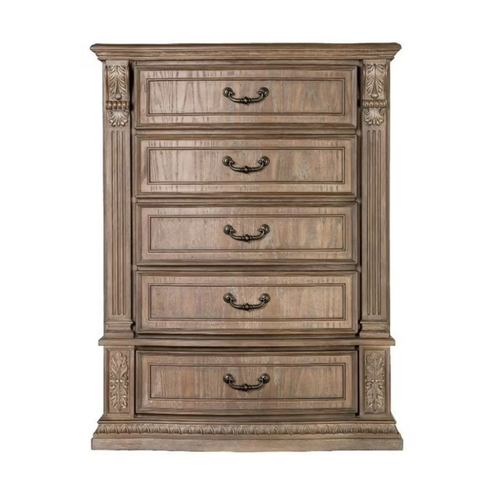 Reven Tall Dresser Chest | 5 Drawers | Weathered Oak Brown Wood | Metal BM340909