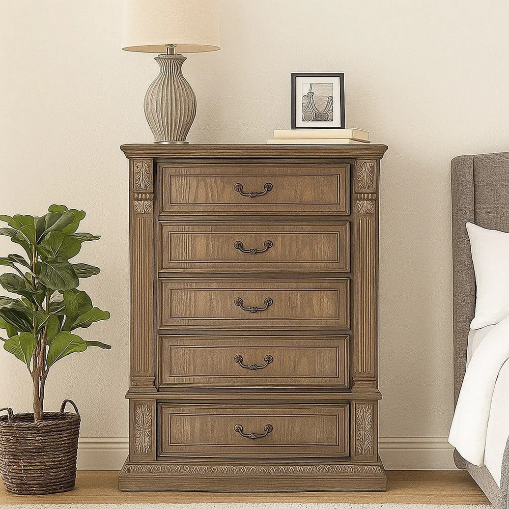 Reven Tall Dresser Chest | 5 Drawers | Weathered Oak Brown Wood | Metal BM340909