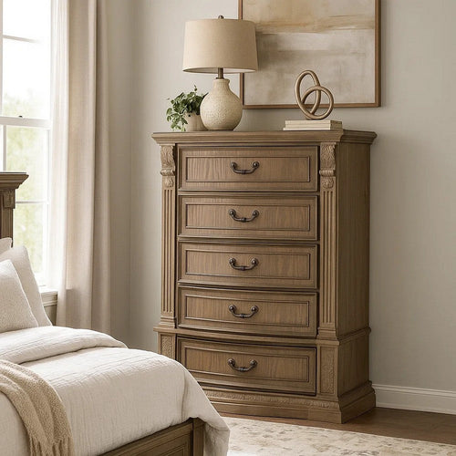 Reven Tall Dresser Chest | 5 Drawers | Weathered Oak Brown Wood | Metal