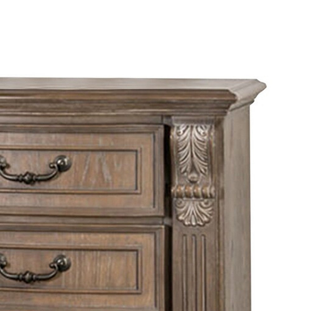 Reven Nightstand | 3 Drawers | Weathered Oak Brown Wood | Metal | 31’’ BM340911