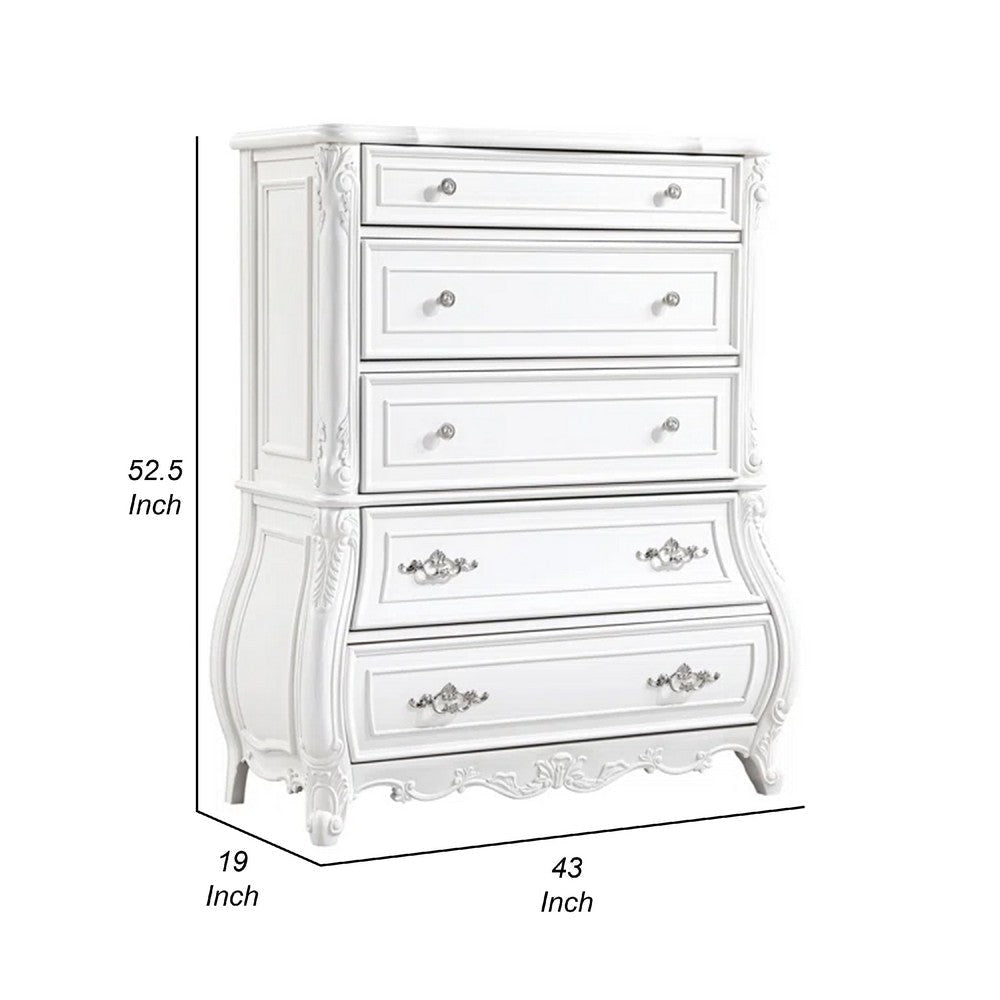 Valena Tall Dresser Chest | 5 Drawers | White Solid Wood | Metal Handles BM340912