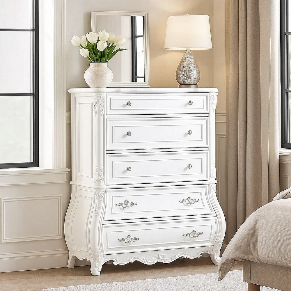 Valena Tall Dresser Chest | 5 Drawers | White Solid Wood | Metal Handles BM340912