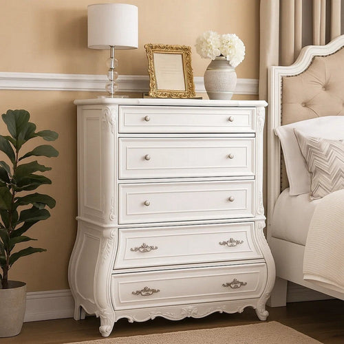 Valena Tall Dresser Chest | 5 Drawers | White Solid Wood | Metal Handles