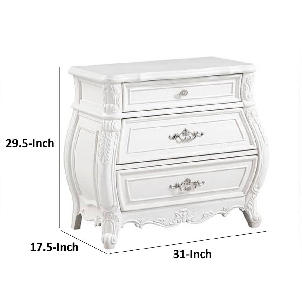 Valena Nightstand | 3 Drawers | White Solid Wood | Metal Handles | 31’’ BM340914