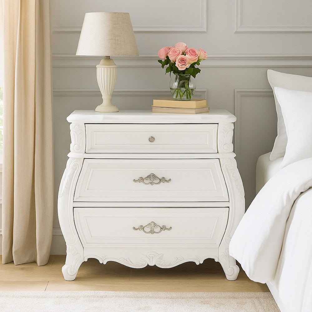 Valena Nightstand | 3 Drawers | White Solid Wood | Metal Handles | 31"
