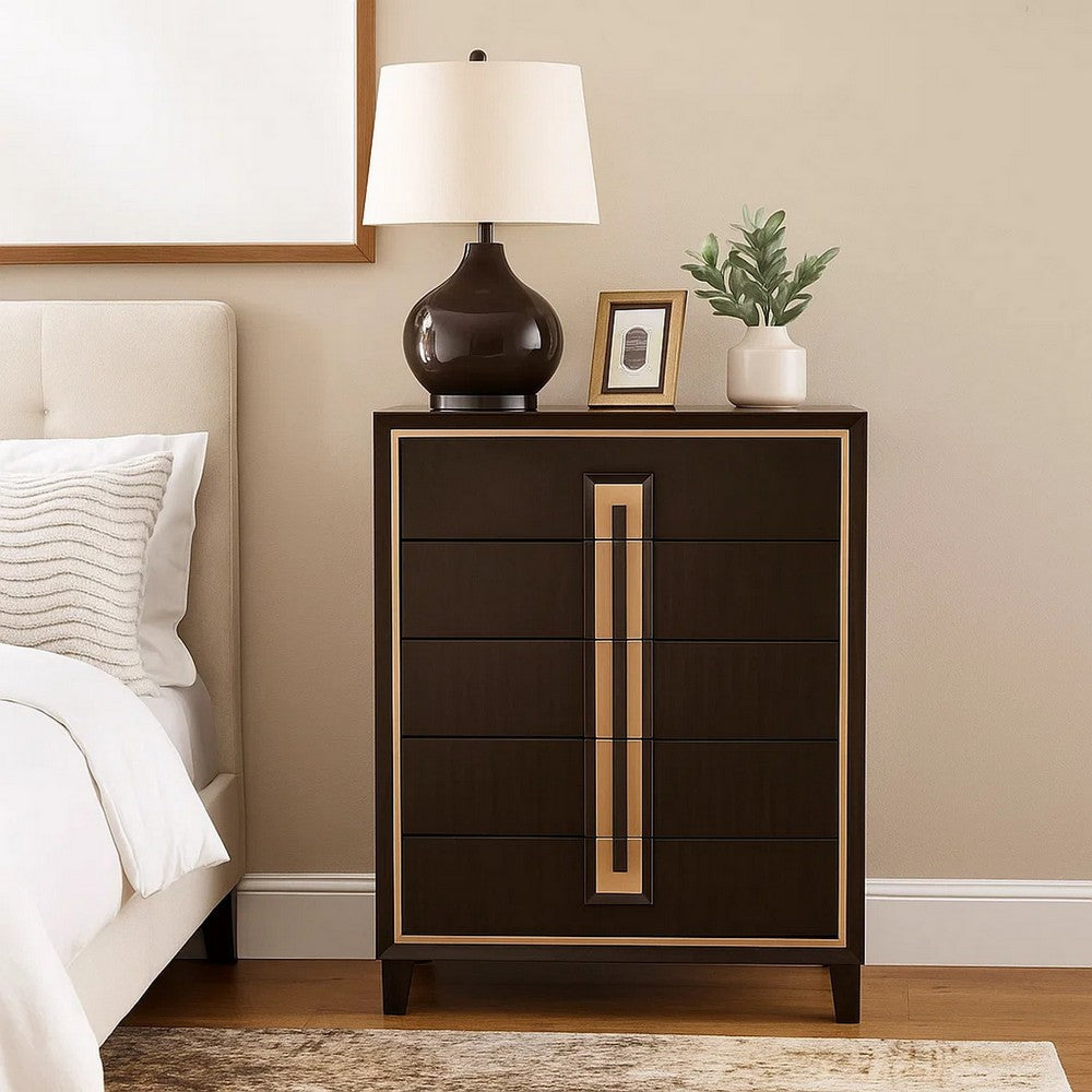Yada Tall Dresser Chest | 5 Drawers | Espresso Brown Solid Wood | Gold BM340915