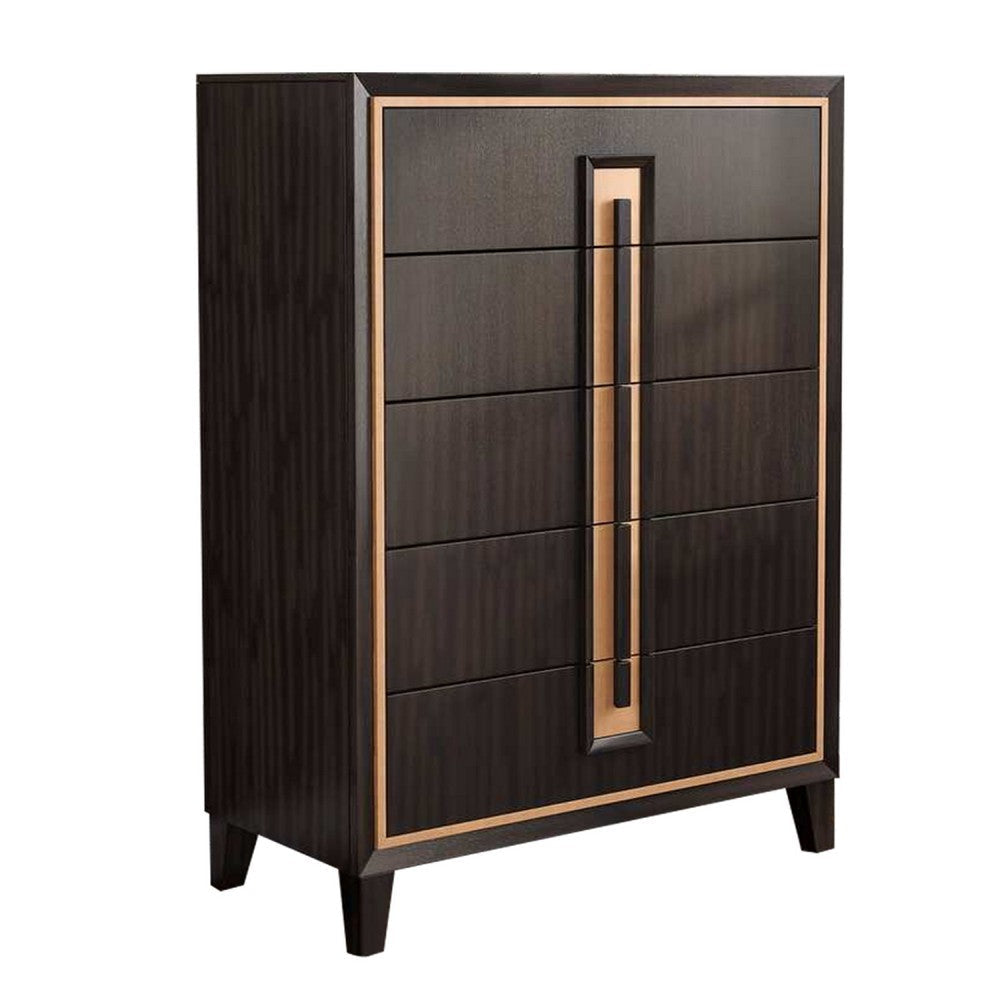Yada Tall Dresser Chest | 5 Drawers | Espresso Brown Solid Wood | Gold BM340915