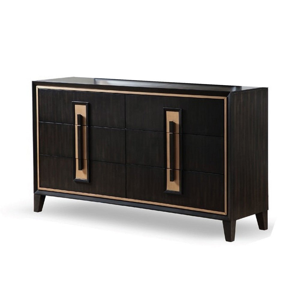 Yada Wide Dresser | 6 Drawers | Espresso Brown Solid Wood | Gold Metal BM340916