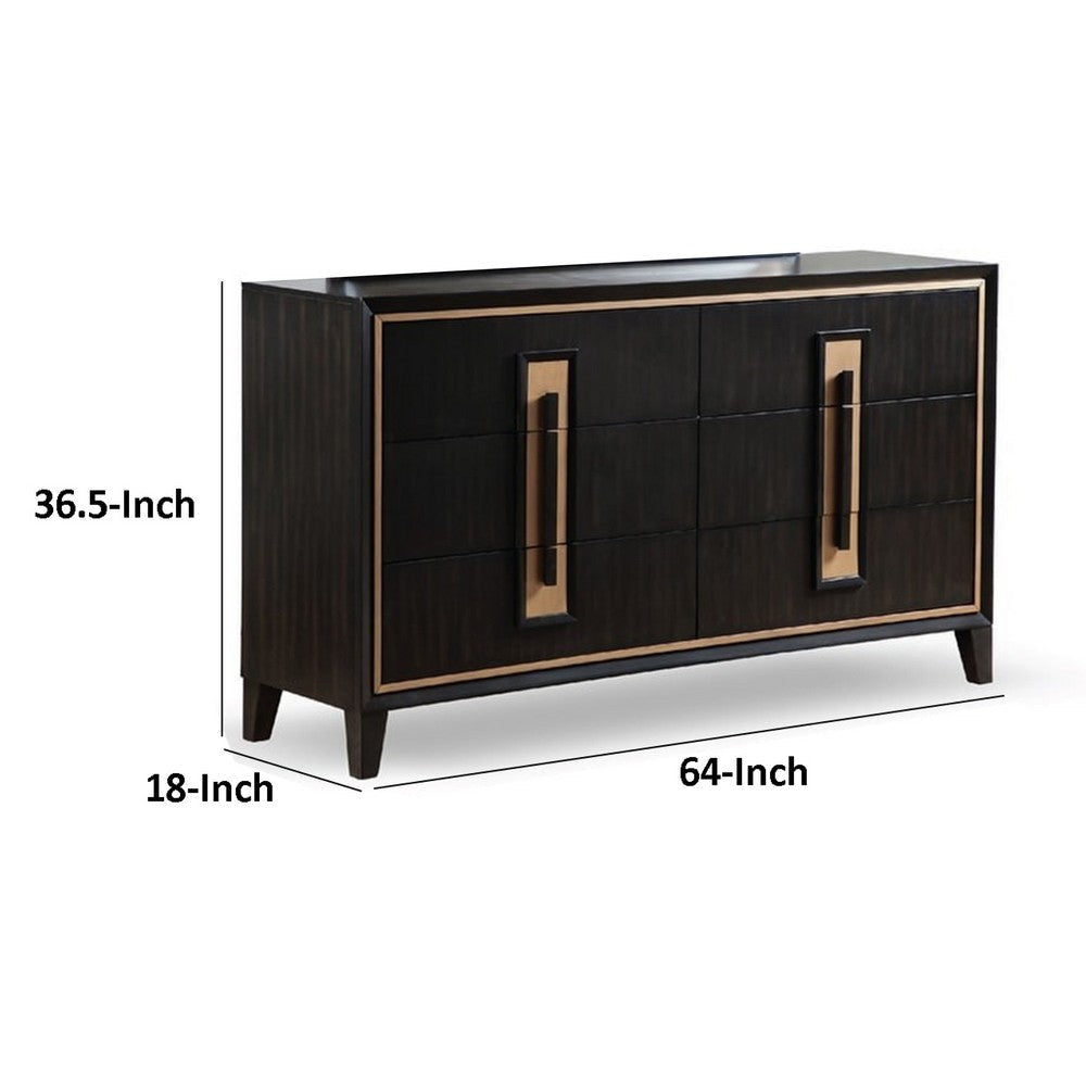 Yada Wide Dresser | 6 Drawers | Espresso Brown Solid Wood | Gold Metal BM340916