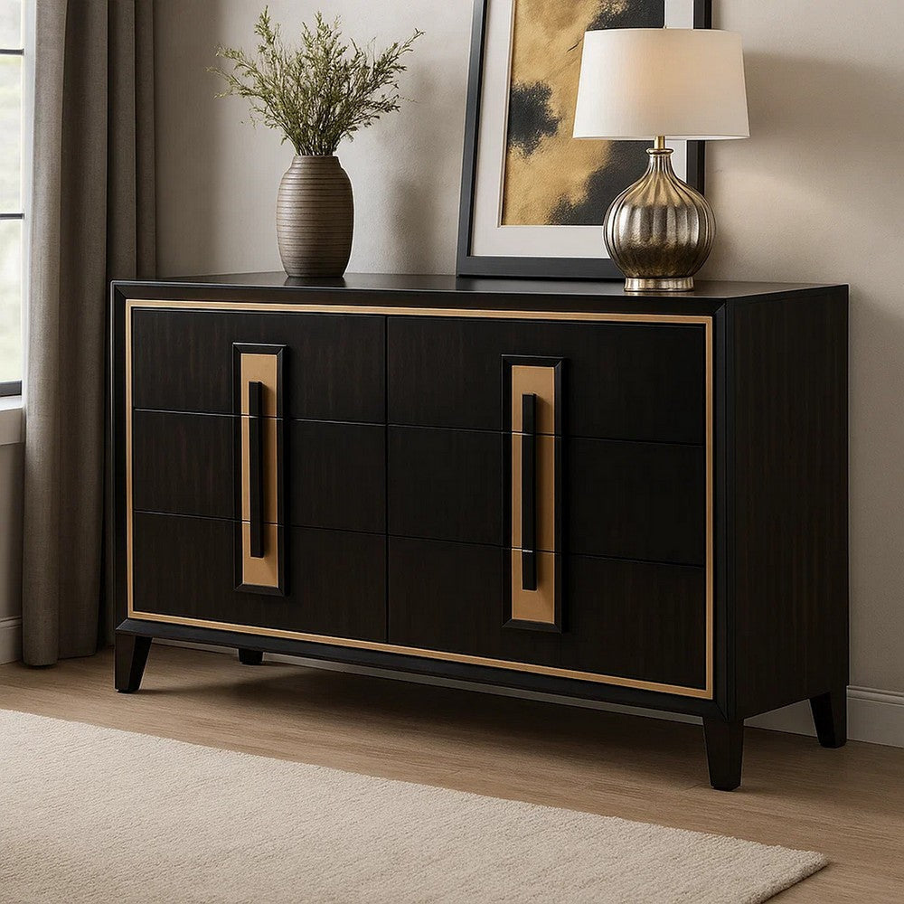 Yada Wide Dresser | 6 Drawers | Espresso Brown Solid Wood | Gold Metal BM340916
